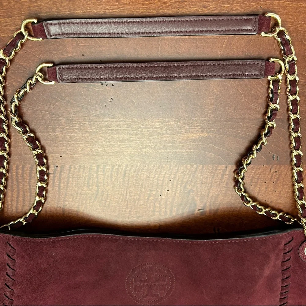 Tory Burch Burgundy Suede Chain-Handle Shoulder Bag